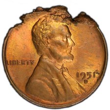 1951 D PCGS MS64 12% Ragged Clip Defective Planchet Wheat Cent Mint Error