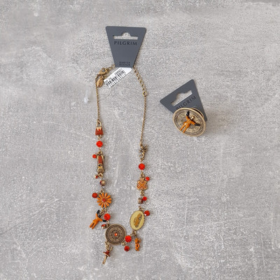 PILGRIM 2 SET HALSKETTE RING KRISTALL ORANGE EMAILLE VINTAGE STIL EDELSTAHL