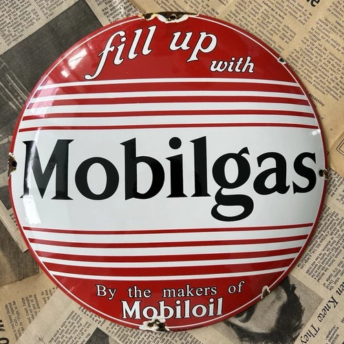 VINTAGE MOBILGAS MOBILOIL FILL UP 12 INCH CONVEX PORCELAIN ENAMEL SIGN