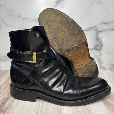 Versace Medusa Buckle Biker Boots Mens Size 9 Slim Black Leather Made Italy 0728