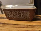 Vintage 1970s Pyrex With Lid Woodland Brown Flower 502 B Refrigerator Dish