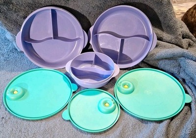 TUPPERWARE CRYSTAL WAVE DIVIDED ROUND 7.5'' / (2) 10'' MICROWAVE DISHES 3284 3859