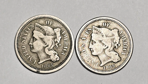 1865 THREE CENT NICKEL 3c Lot of 2 Civil War Era - Bild 1 von 3