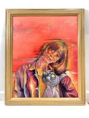 Original Ölgemälde auf Karton gerahmt Frau signiert Kunst Portrait Katze modern Deko