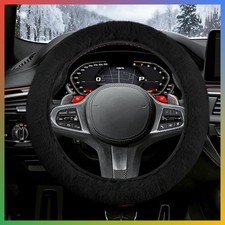 Auto Steering Wheel Cover Leather Imitation Rabbit Fur Black 15 Inch Universal