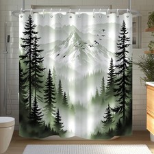 Green Forest Pine Shower Curtain Mountain Misty Scenery Waterproof 60x72 Inch
