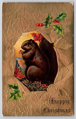 Christmas~Squirrel w/Gold Nut~Gold Paper Peel Back~Holly~c1910 Vintage Postcard