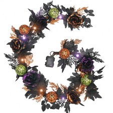 Halloween Garland with Lights, 6 Feet Pre-Lit Orange Purple Roses Black Maple...