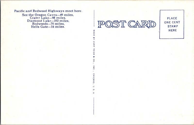 Postcard Inn Logo Grants Pass OR postcard CAVES GROTTO DINING ROOM IN REDWOODS HOTEL o/17 ...