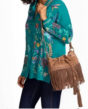 NWT JOHNNY WAS ITALIAN LEATHER FRINGE BUCKET BAG Purse SHOULDER STRAP TAN SIENNA