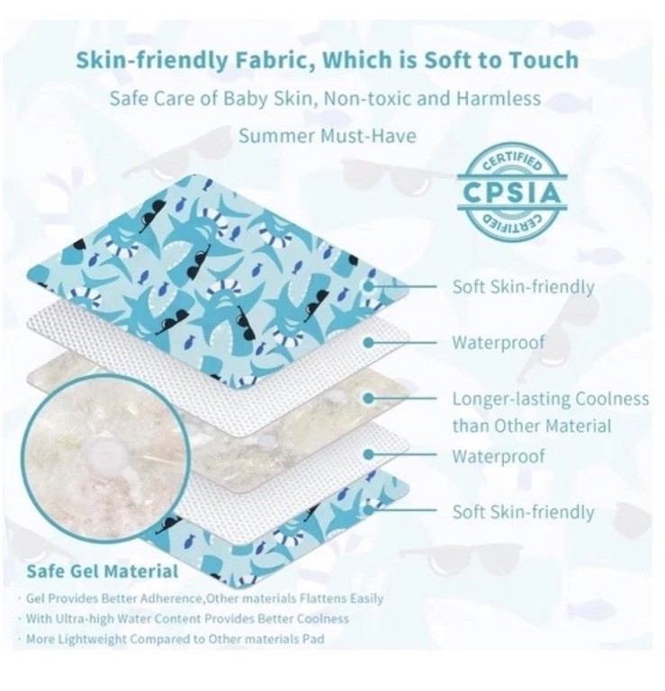 CAR SEAT COOLER PAD Gel Mat Baby Cushion for Stroller Dining Chair Sharks YINBLY