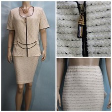 NWT New St. John Yellow Jacket Skirt L 12 10 2pc Suit Buttons Black Short Sleeve