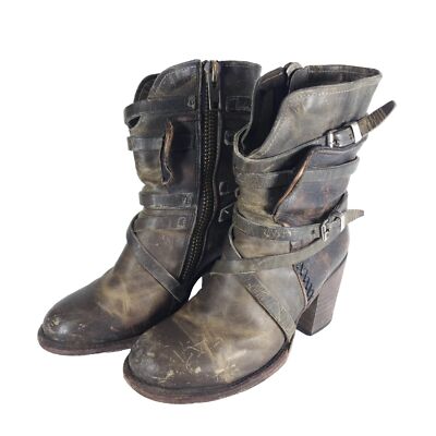 Freebird By Steven Women s Baker US7 Leather Distressed Strappy Biker Boots 