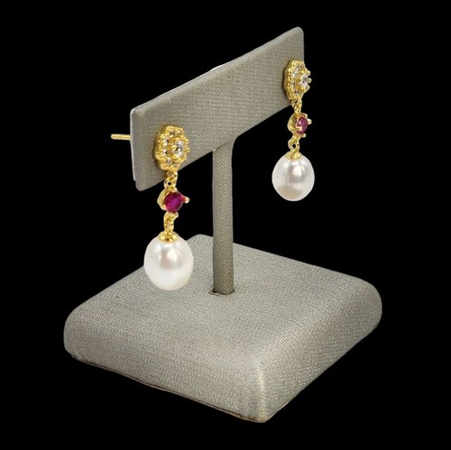 925S Red Gemstones Stud Earrings With Cultured Freshwater Pearl and Zirconia - Picture 7 of 12
