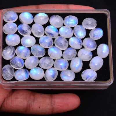 38 Pcs Natural Moonstone Blue Shine 11mm*9mm Oval Cabochon Unheated Gemstones