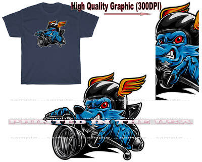Crazy Wolf Biker Ready To Ride Cartoon Graphic Navy Blue T Shirt S-3X 