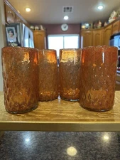 Amazing Rare Art Glass Studio Orange Hand-Blown Dragon Scale Tumblers Set Of 4