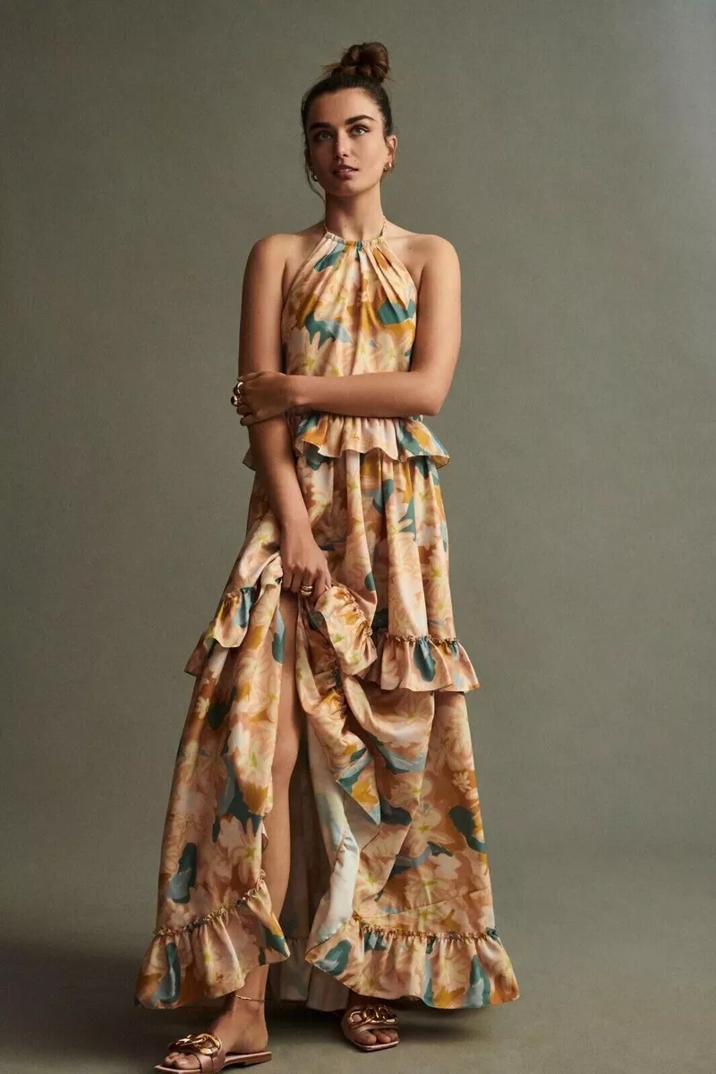 Geisha Designs for Anthropologie Ruffled Halter Flower Maxi Dress