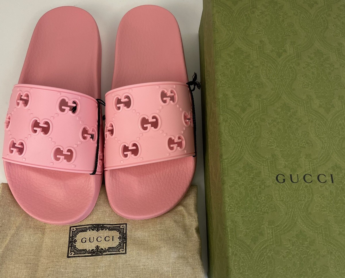 GUCCI 573922 Rubber Pursuit GG Rose Pink Slide Sandals GUCCI 573922 Rubber Pursuit GG Rose Pink Slide Sandals