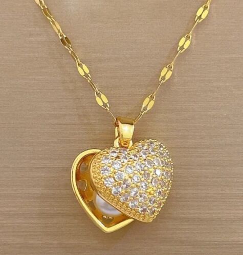 Gold Heart Locket Pearl Bead Necklace Pendant Pavé Swarovski Crystal ...