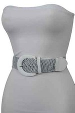 New Women White Faux Leather Braided Net Mesh Fabric Business Casual Belt S M