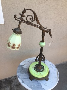 Antique Bridge Arm Lamp Green Slag Glass Base Custard Art Shade Antique Bridge Arm Lamp Green Slag, Antique Bridge Arm Lamp Shades