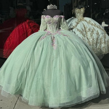 Glitter Green Tulle Quinceanera Dresses With Bow Birthday Party Gown Sweet 16
