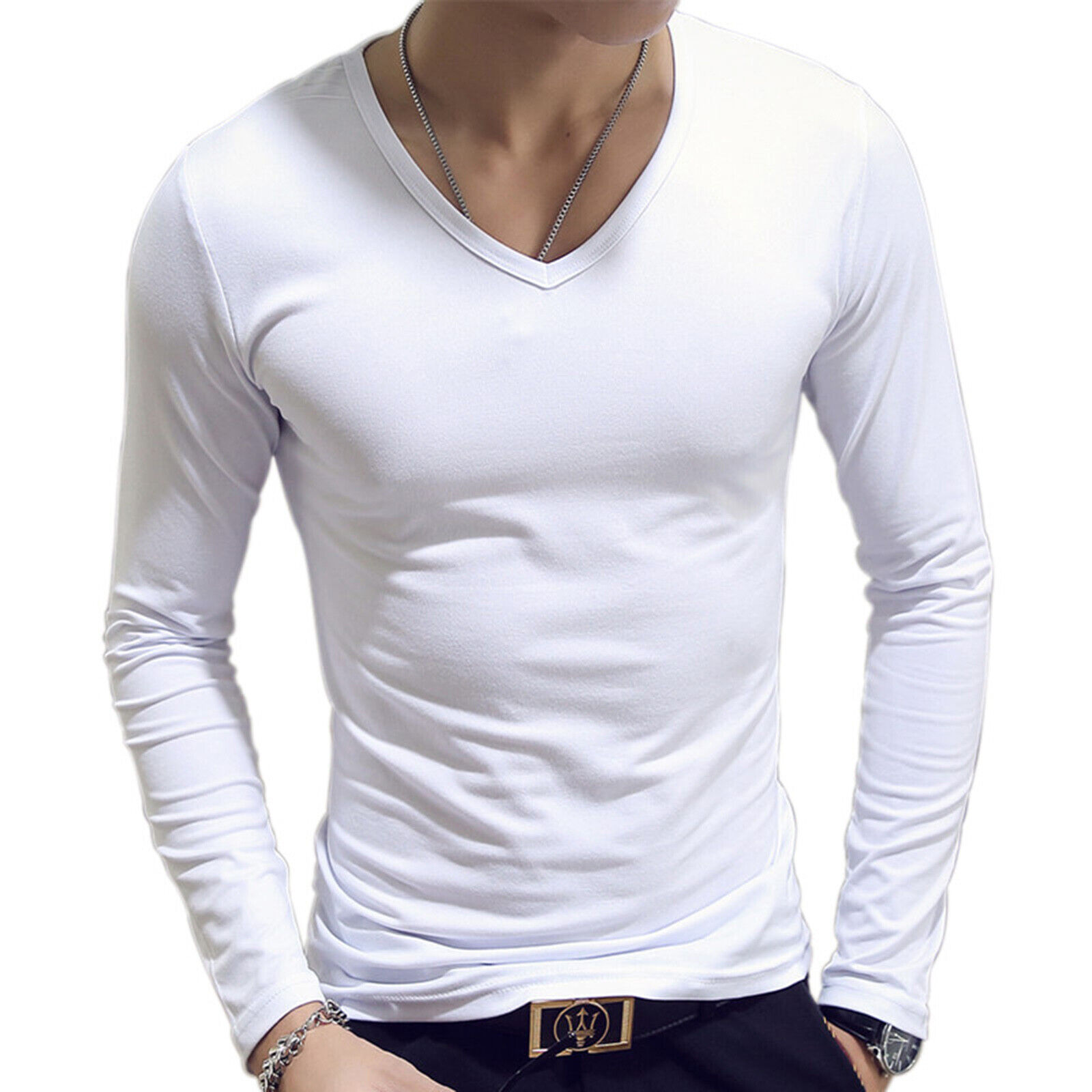 Mens Casual Long Sleeve T-shirt Solid Color V Neck Soft Tops Thermal ...