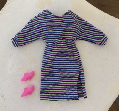 VTG MOD Barbie Doll  Hong Kong  Multicolor Stripe Dress & Neon Pink Clone Shoes