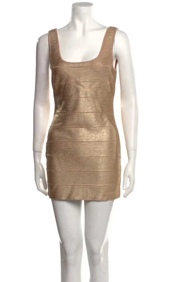 Hervé Léger Gabriella Metallic Bandage Minidress Size Large Gold Bodycon Tank - Image 2 of 4