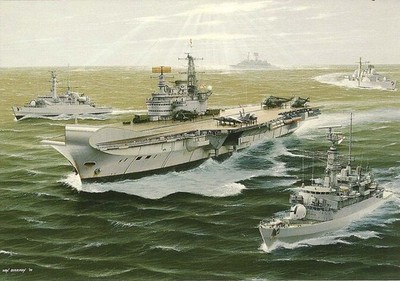 (b41) HMS Hermes mit HMS Pfeil HMS Ardent HMS Glamorgan HMS Sheffield Postkarte