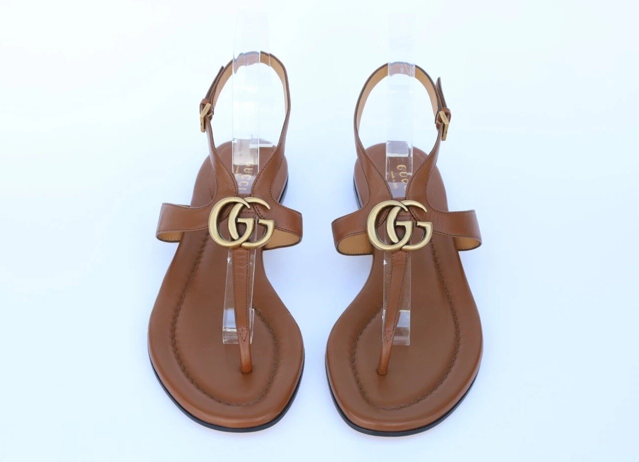 Gucci GG Logo Thong Ankle Strap Sandals Size 38.5 - US 8.5 in Brown Leather image 6