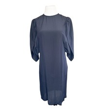 Stella McCartney Silk Crepe De Chine High Neck Split Sleeve Dress Navy 38 US 8