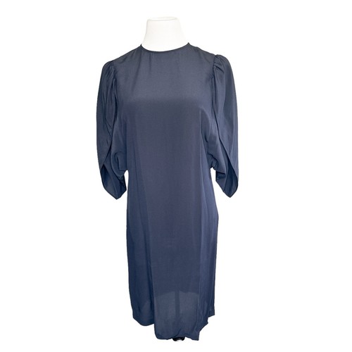 Stella McCartney Silk Crepe De Chine High Neck Split Sleeve Dress Navy 38 US 8