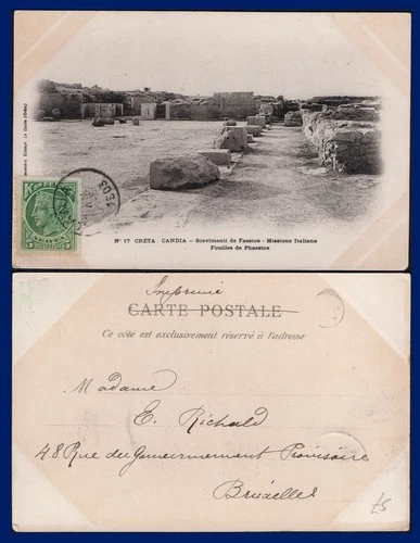 CRETE: 5l Green Used on Faestos Excavation Picture Postcard to Brussels - Cancel