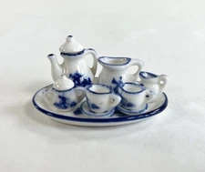 Vintage Delft Holland Windmill Blue White Porcelain Dollhouse Miniature Tea Set
