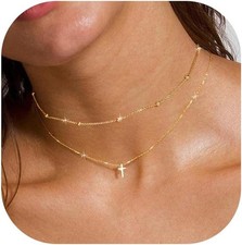 14K Gold Layered Cross Necklaces for Women,Tiny Small Sideways Cross Necklace Mi