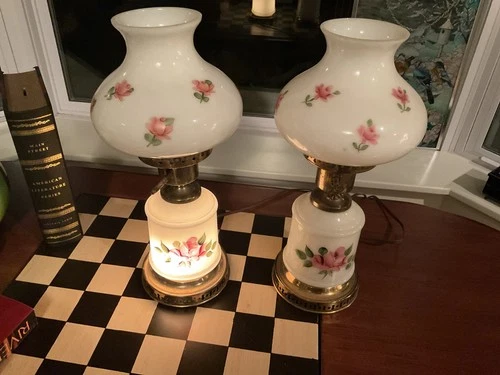 2 Vtg MCM Floral Rose Hand Painted Milk Glass Hurricane Lamps 3 light settings