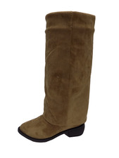 Fold Over Boots Knee High Womens UK 4 Brown Khaki Faux Suede Low Heel Pull On