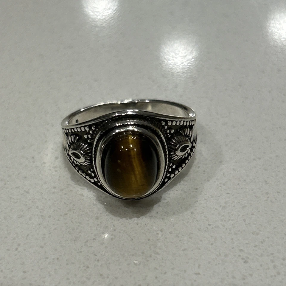 Anillo para mujer de plata de ley 925 con ojo de tigre natural piedra ovalada talla 9” Foto 2 de 4