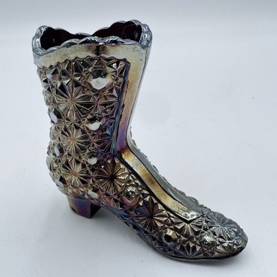 VTG Fenton Iridescent 4  Amethyst Boot Shoe Vase Carnival Glass Daisy & Button
