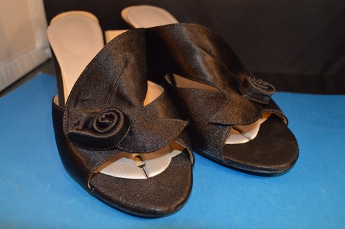 BLACK SATIN MULES SHOES 9 J. Renee 2 1/2"Heels sexy NEW INNER SOLES Slip On VG+ - Picture 12 of 12