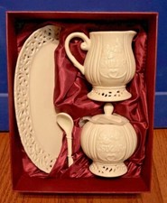 Porcelain Milk Bowl, Sugar Bowl, Spoon Set on Tray in Gift Box by Marilena