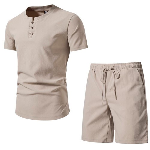 Men's Chinese Outfit Casual Short Sleeve Suit Style Solid Color Beach Shorts Set - Picture 9 of 22
