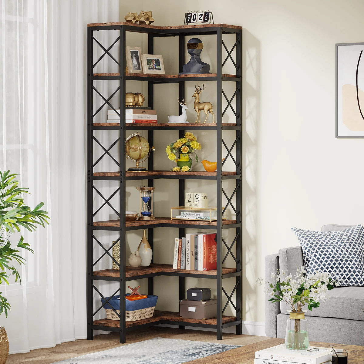 L-Shaped Corner Storage Shelves Etagere Bookcase Bookshelf Open Display Rack