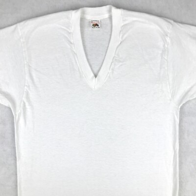 vintage 70s BLANK WHITE FRUIT OF THE LOOM V-NECK T-Shirt XS/SMALL