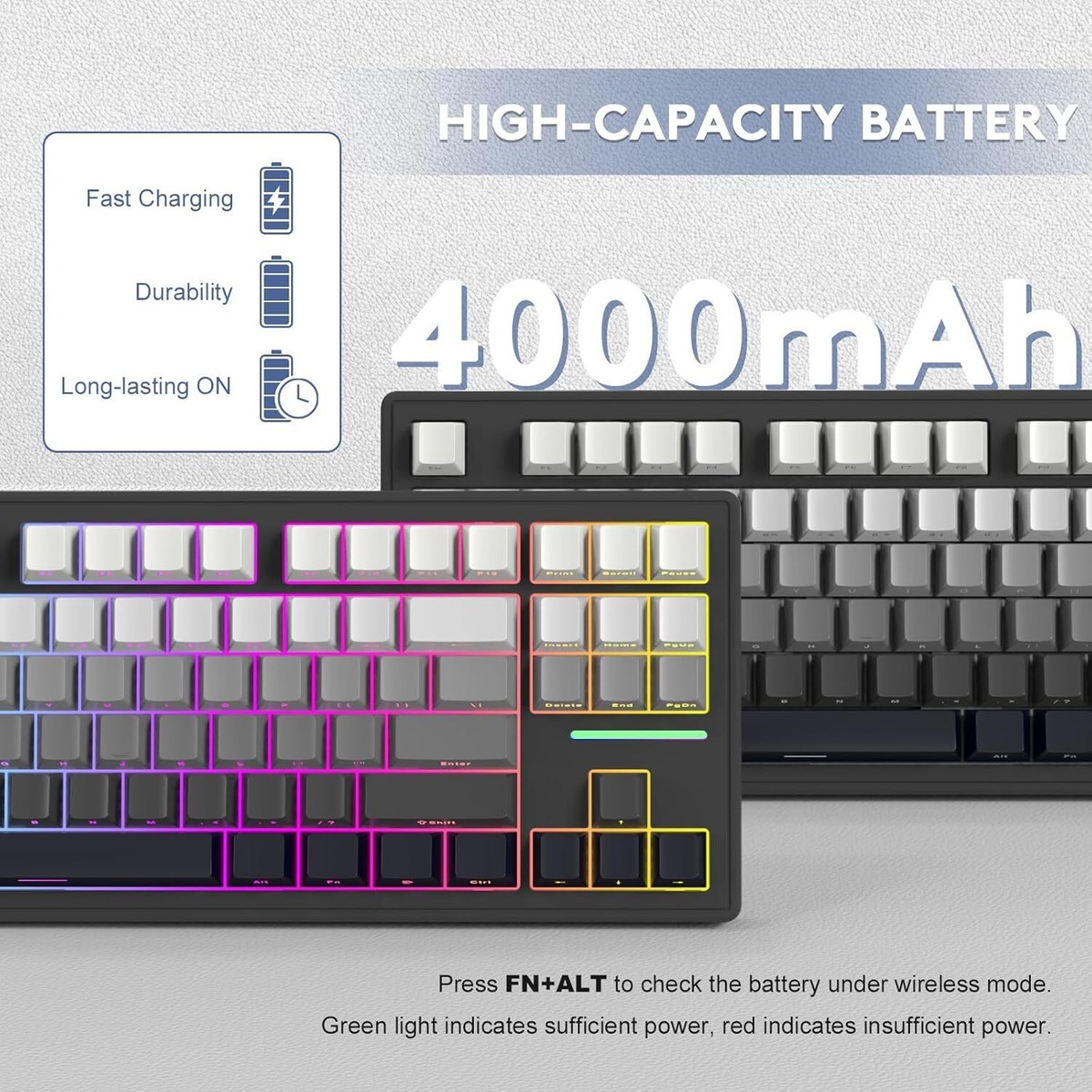 ATTACK SHARK X FREEWOLF M87 80% TKL RGB Draadloos Gamingtoetsenbord, 87 Toetsen Membraan SA PBT-Toetsenbord, Bluetooth /2,4 Ghz Dubbele modus, QWERTY, 4000 mAh batterij voor Mac/Win - Romig Blauw
