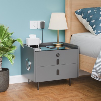 2-Drawers Nightstand with Fingerprint Lock, LED, Music Player, Wireless Charging
