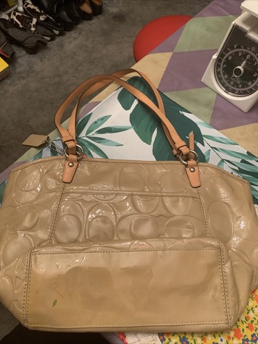 COACH Signature Patent Leather Tote Large Purse Tan Nude Shoulder Handbag EUC - Picture 2 of 12