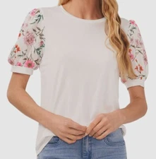 CeCe Women's White Floral Mixed Media Short Puff Sleeve Knit Blouse Size L